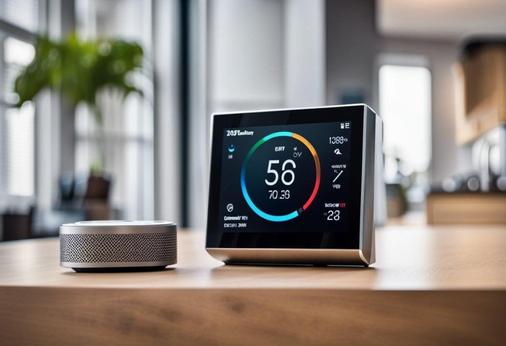 Modern smart thermostat displaying temperature settings on a wooden table, complementing a smart home environment.