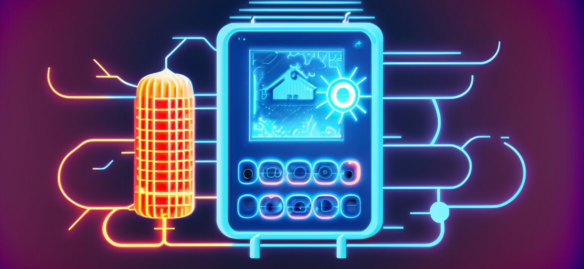 Neon illustration of a smart thermostat interface for heat pumps, highlighting advanced temperature control technology.