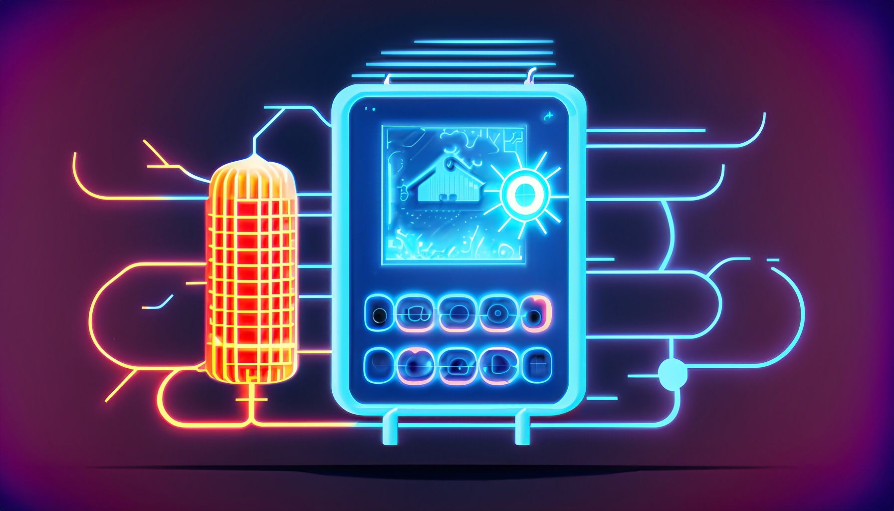 Neon illustration of a smart thermostat interface for heat pumps, highlighting advanced temperature control technology.