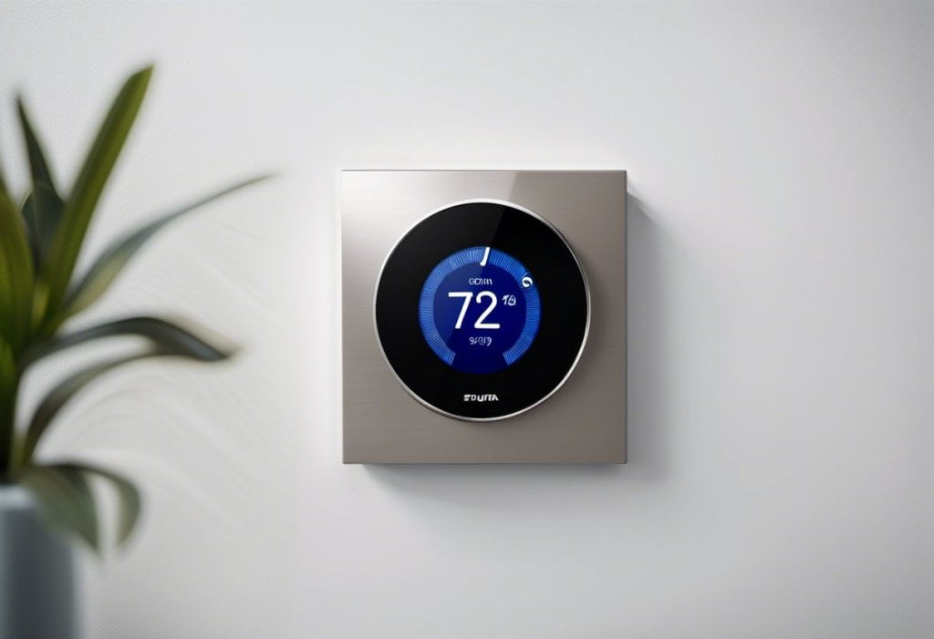 Wall-mounted smart thermostat with a sleek design, displaying temperature, ideal for efficient home heating and cooling management.