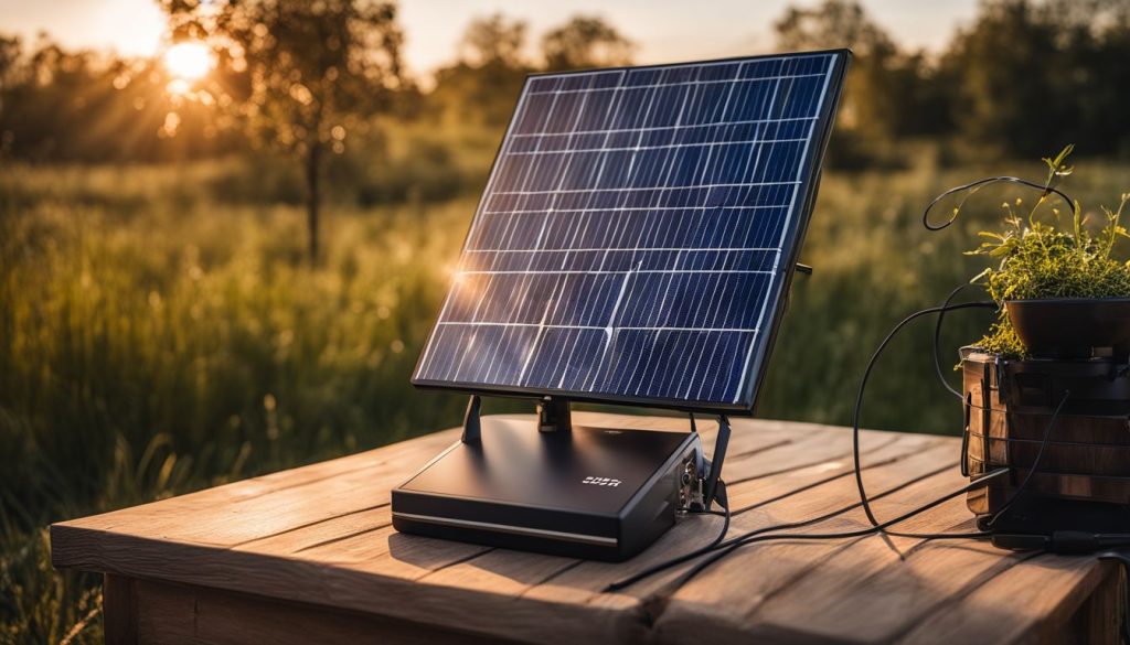 A solar panel charges a Ring device in an outdoor setting.