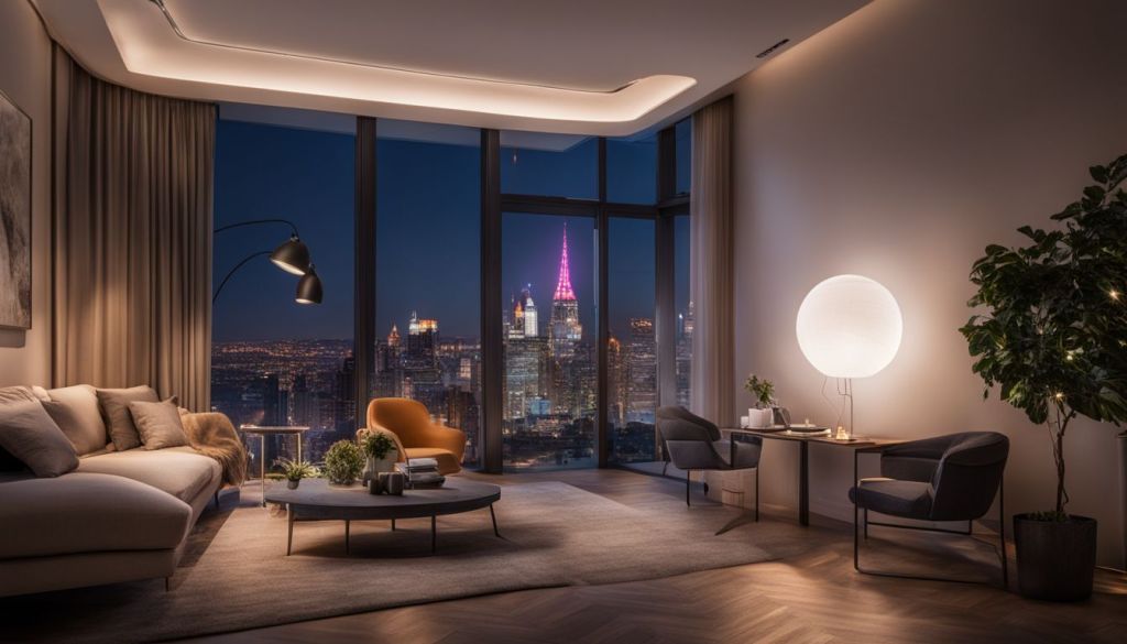 An apartment with a night sky showing different smart light bulbs.