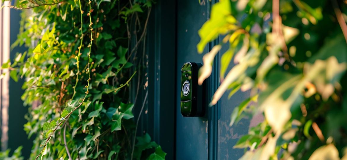 A Ring Doorbell mounted on a front door surrounded by greenery.