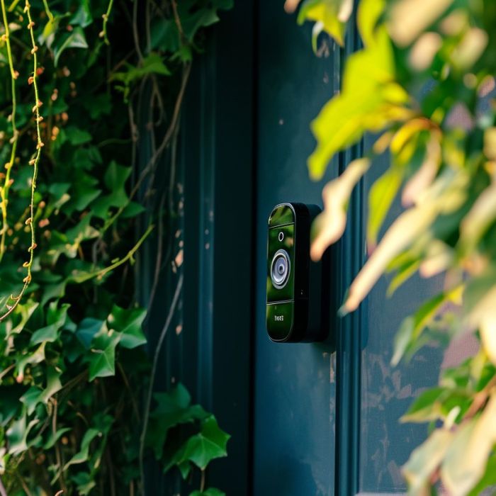 A Ring Doorbell mounted on a front door surrounded by greenery.