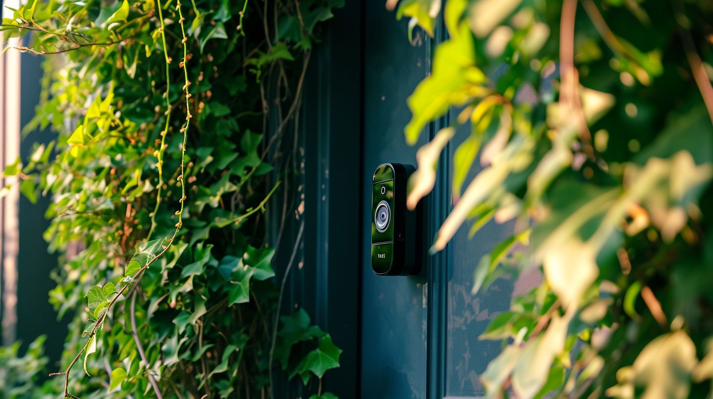 A Ring Doorbell mounted on a front door surrounded by greenery.