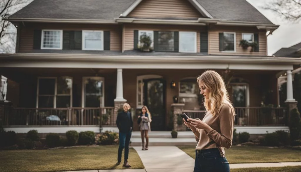 A woman cautiously looks at a Ring camera on her front porch. Ring Camera and Privacy Concerns
