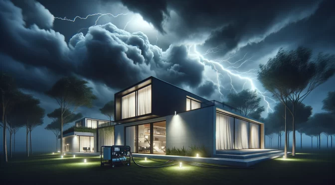 A modern house during a stormy night, with dramatic dark clouds overhead and flashes of lightning. The house is sleek and contemporary, featuring larg.webp