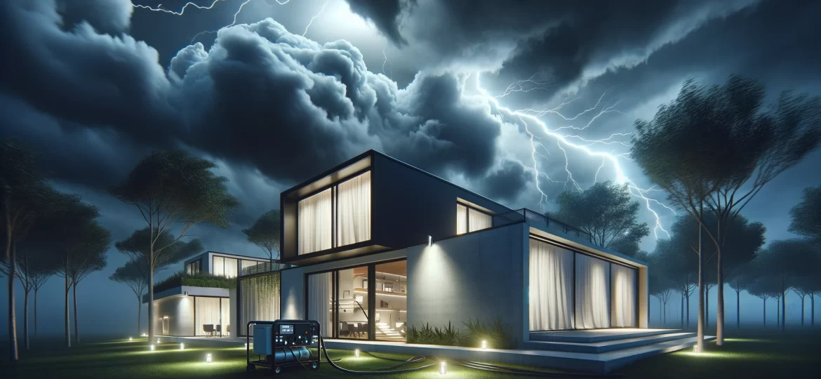 A modern house during a stormy night, with dramatic dark clouds overhead and flashes of lightning. The house is sleek and contemporary, featuring larg.webp