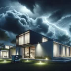 A modern house during a stormy night, with dramatic dark clouds overhead and flashes of lightning. The house is sleek and contemporary, featuring larg.webp