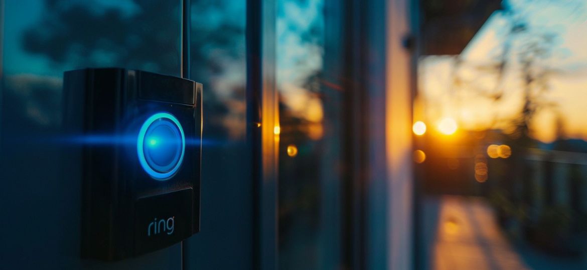 Close-up of a Ring Doorbell at a modern urban home.