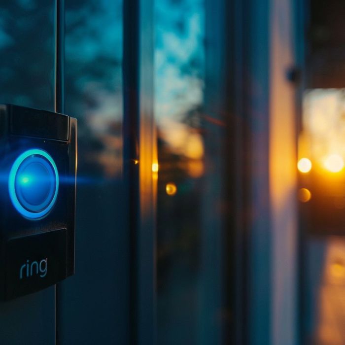 Close-up of a Ring Doorbell at a modern urban home.