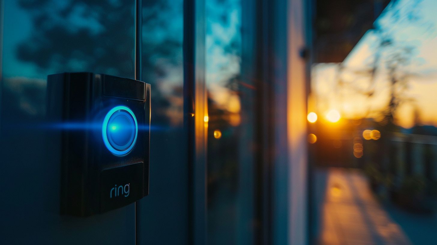 Close-up of a Ring Doorbell at a modern urban home.