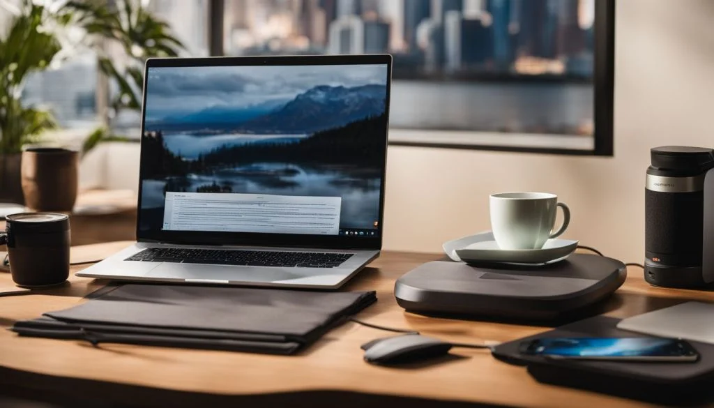 A modern router and laptop on a tidy desk with cityscape.