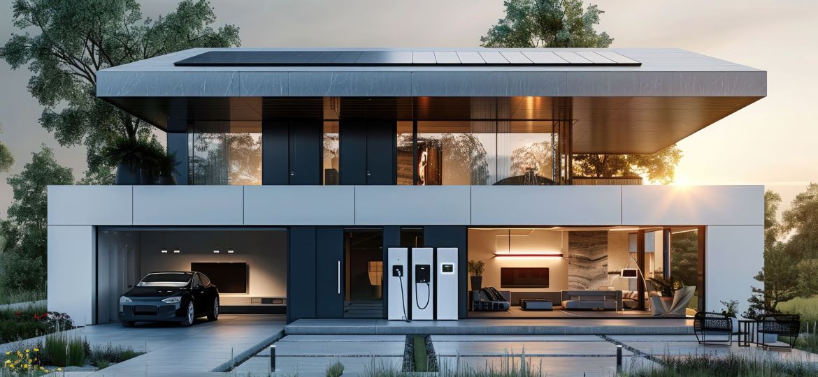 Modern home with a large battery storage system and EV car charger, solar panels on the rooftop.