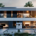 Modern home with a large battery storage system and EV car charger, solar panels on the rooftop.