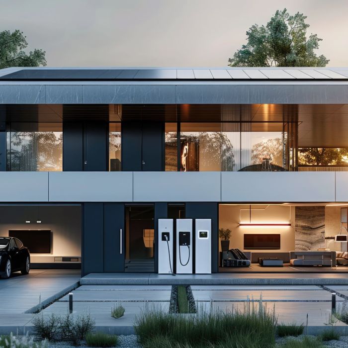 Modern home with a large battery storage system and EV car charger, solar panels on the rooftop.