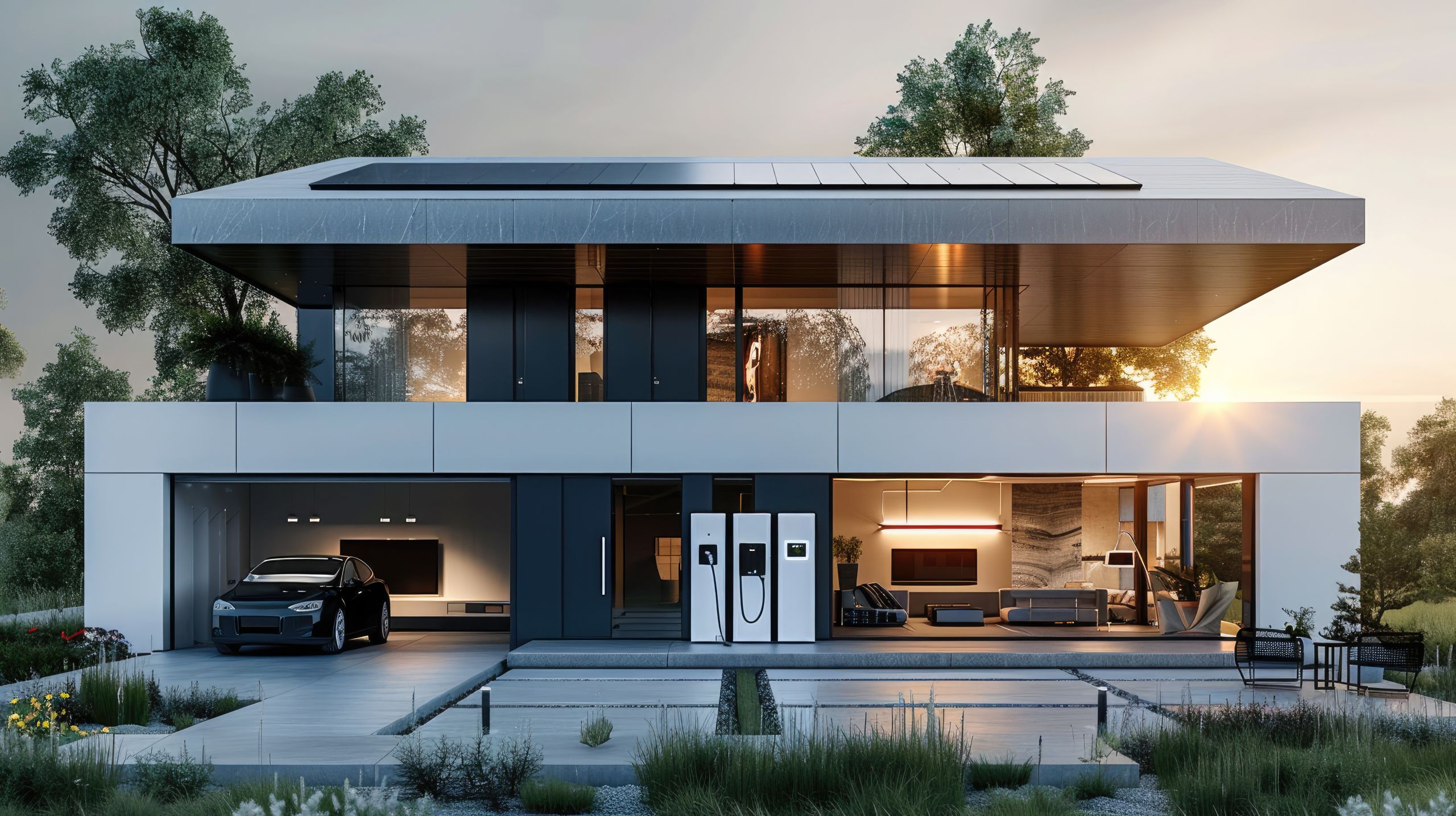 Modern home with a large battery storage system and EV car charger, solar panels on the rooftop.