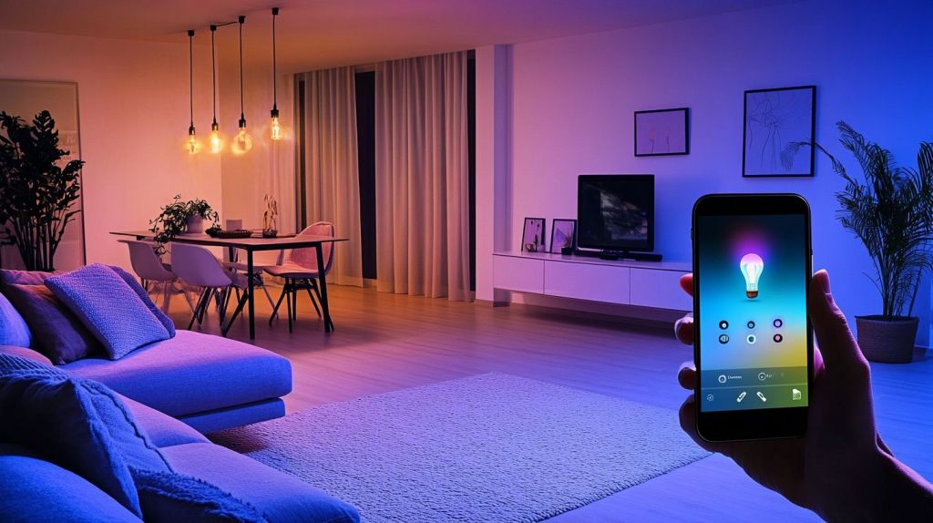 A smart bulb controlled by smartphone app changing colors in living room.