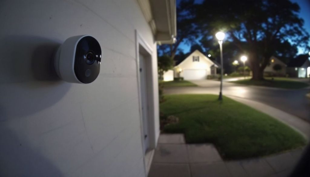 A Ring Camera is mounted on suburban home's exterior wall.