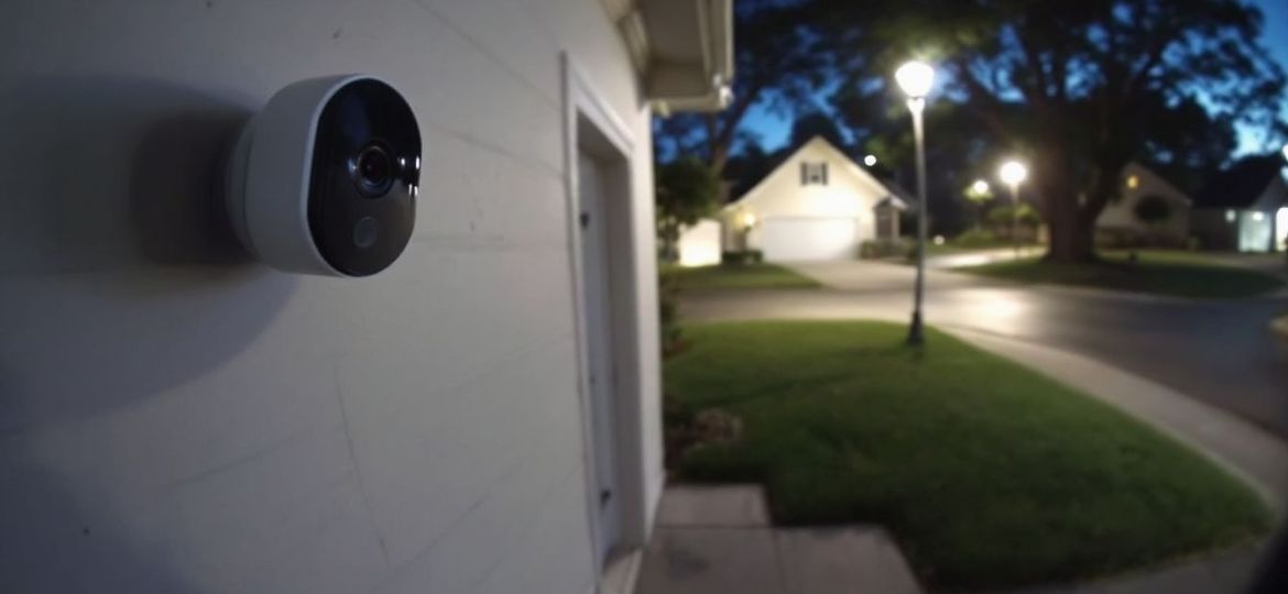 A Ring Camera is mounted on suburban home's exterior wall.