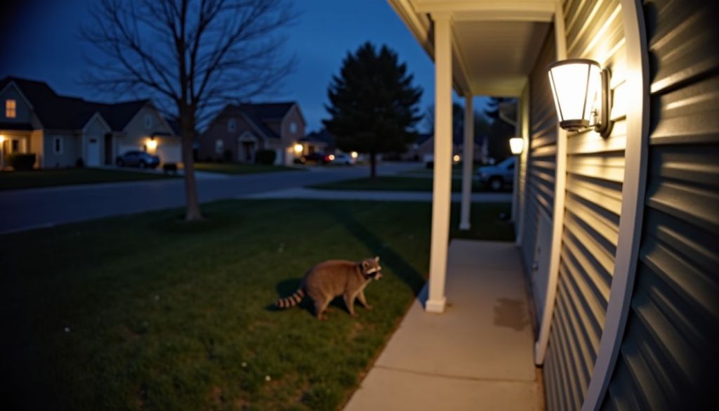 A raccoon activates a Ring camera on a suburban home.