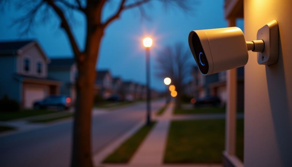 A Ring camera on a suburban porch overlooks a quiet street.